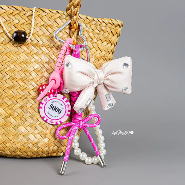 T39 [Love Buckle] Rose Red Rope Bow + Large Pink Knot Pearl String + Rose Red Chips with Dice