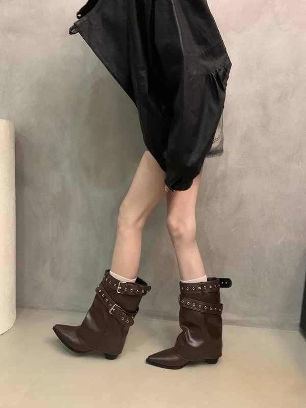 2025新品美式辣妹铆钉裤腿增高尖头短靴女秋冬新款西部牛仔靴|undefined