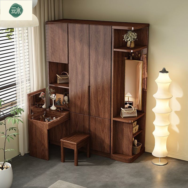 Black Walnut Solid Wood Wardrobe Corner Dressing Table Combination Small Apartment Home Bedroom Dressing Table Integrated Wardrobe Side Cabinet