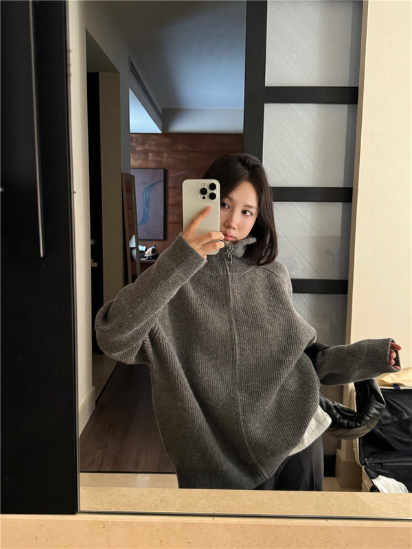 秋装女装高级感简约韩系灰色毛衣外套宽松显瘦高领拉链针织开衫|undefined