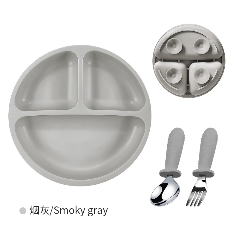 Placa de comedor de silicona para bebés 304 tenedor y cuchara de acero inoxidable, plato de ventosa, alimento complementario de tres compartidos para bebés de grado alimenticio resistente a altas temperaturas