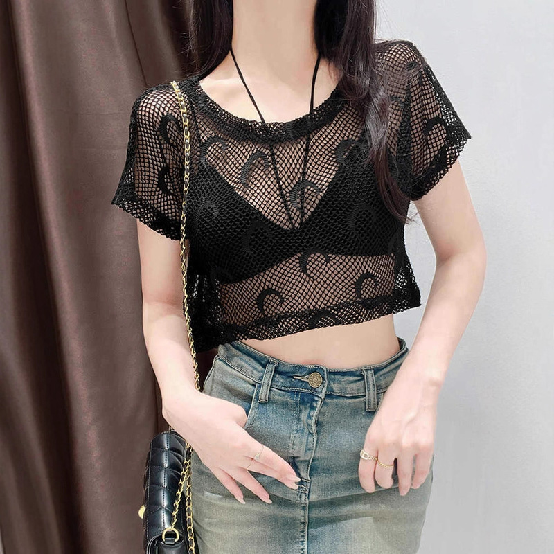 Sun Protection Cut Out Blouse for Women Summer Short Mesh Lace Short-Sleeved T-Shirt Suspender Outer Sexy Transparent Loose Top