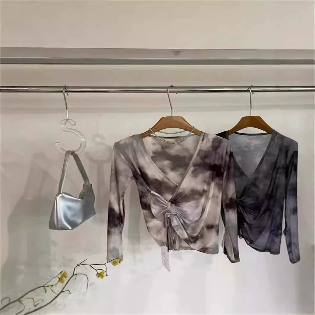 Ретро новый китайский стиль чернил с принтом V-образным вырезом, плиссированный ремень с тонкими рукавами