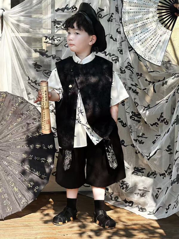 子供のベストスーツショーツ 2025 夏の新中国風の男の子唐装漢服国民風子供服ドロップシッピングトレンド|undefined