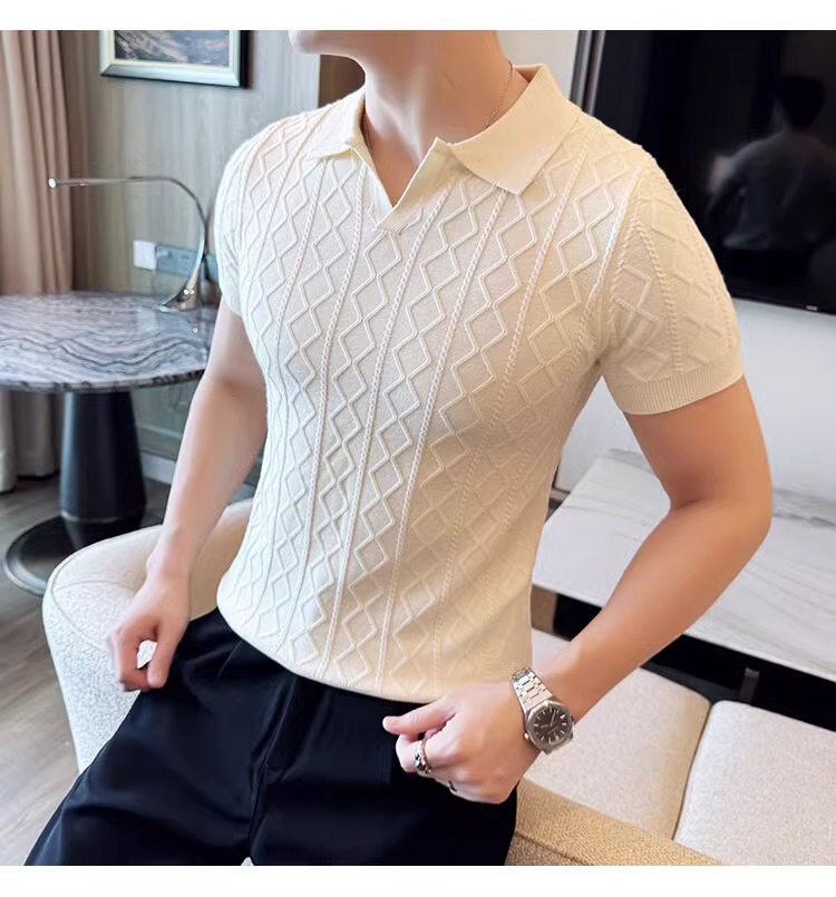 Men's Clothing Plus Size Men's Shirt Style Short Sleeved V Neck Business Collar Cable Knit T-Shirt For Formal & Casual_voghion.com