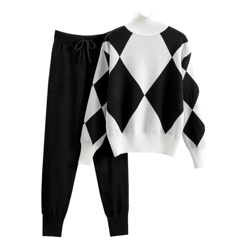 Кросс-бордерный европейский стиль: французский ленивый комплект с высоким воротником, облегающие брюки, молодежный шик, женский двухсоставной набор для осени и зимы.