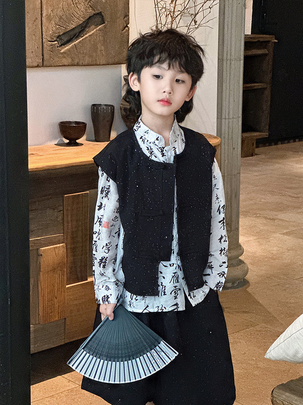 2025超有范儿 男童中式套装 泼墨书法衬衫墨韵星芒两件套一件代发|undefined