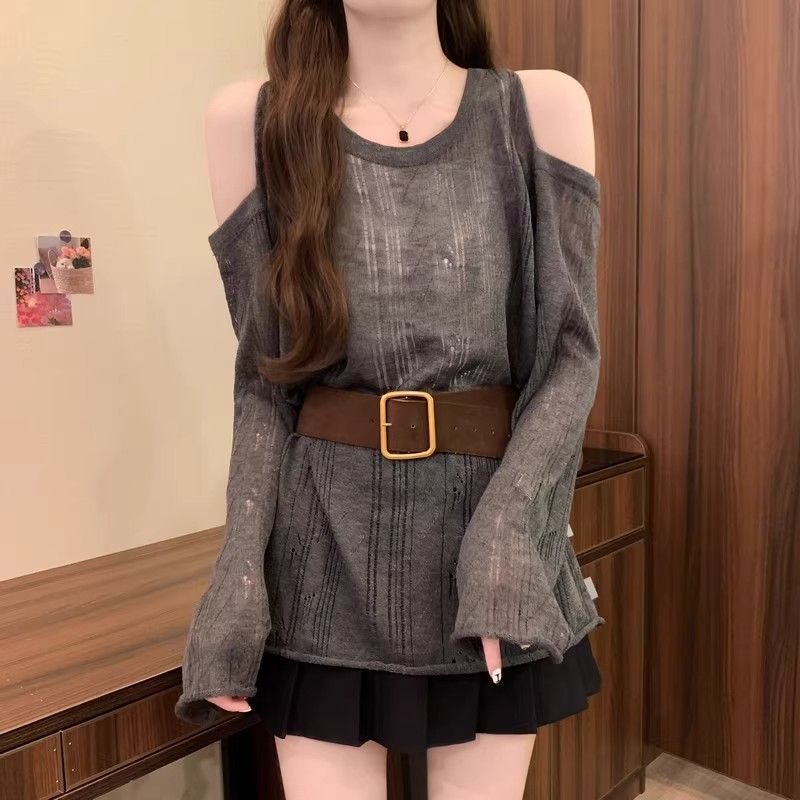 韩系慵懒风宽松百搭防晒衫女2025早秋新款镂空露肩针织长袖上衣|undefined