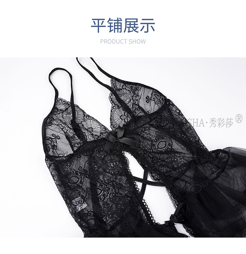 Lace Transparent Bodysuit Nightgown with Open-Crotch Stockings, Black One-Size Lingerie Dress — detail image 25