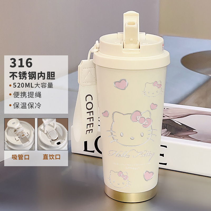 不锈钢内胆咖啡杯卡通有提绳带吸管保温杯女生可爱凯蒂便携随行杯|undefined