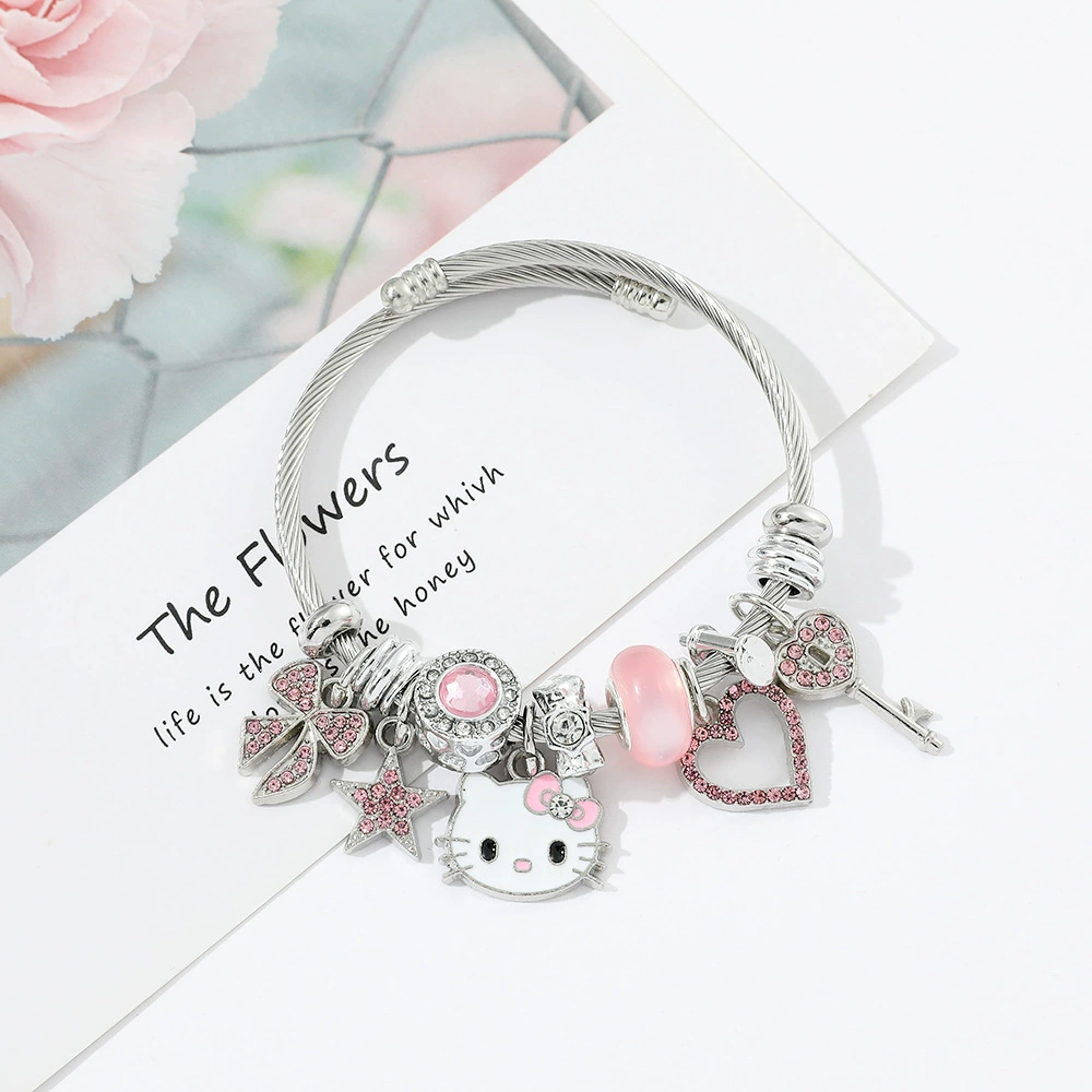 Браслет (Hello Kitty) Sanrio DIY бисерная подвесная браслетка, розовый и серебристый тон, компактный размер подарка