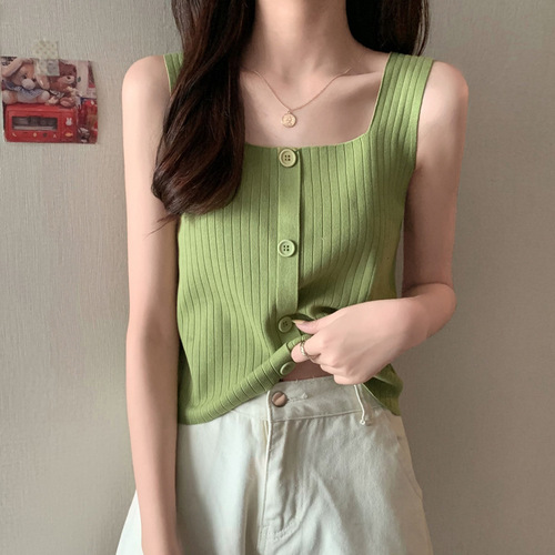 Knitted spaghetti strap top for women, suitable for spring and summer, trendy, fashionable for students, slimming, can be worn outside, square neck, innerwear, sleeveless t-shirt