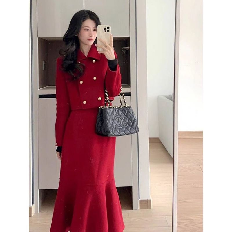 小香风套装裙名媛韩剧一整套洋气两件套红色连衣裙秋冬订婚礼服女|undefined