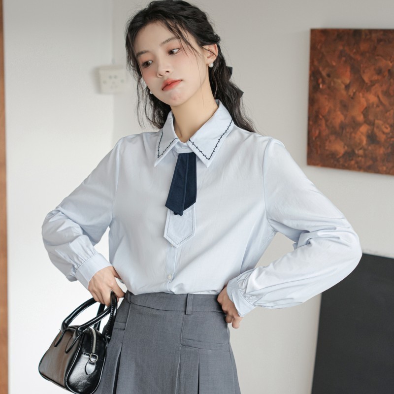 2025秋冬简约通勤正式场合面试蓝色百搭衬衫轻奢女装名媛配领结|undefined