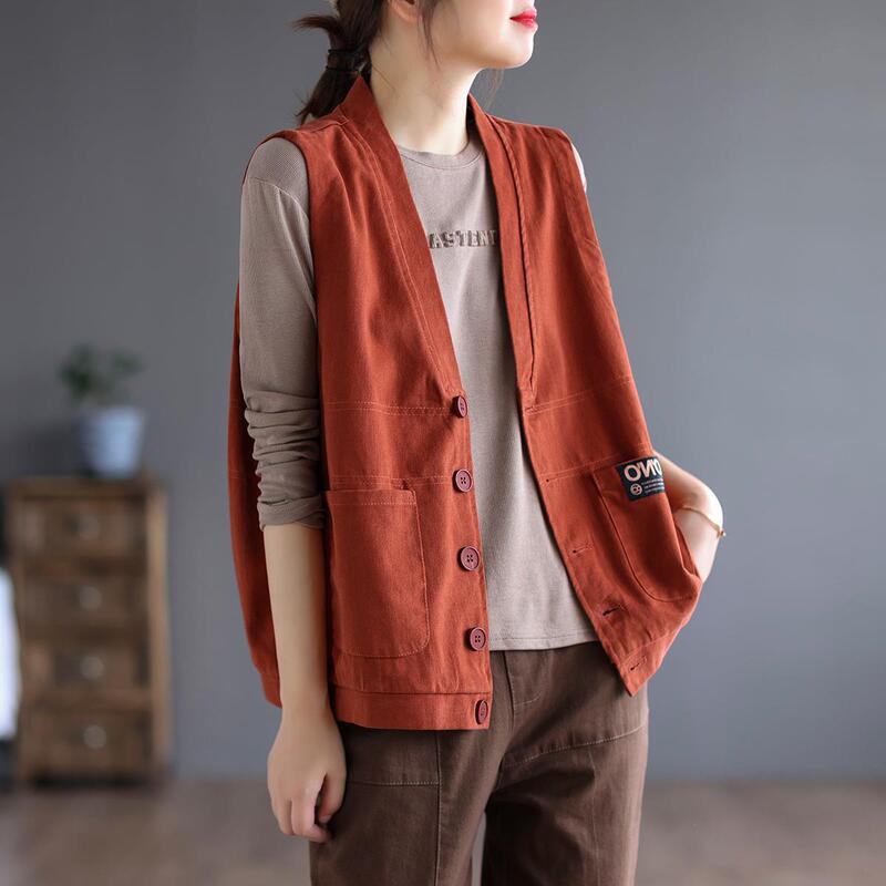 Cotton Sleeveless Work Vest for Women, Loose Solid Color Cardigan, V-Neck Vest, Princess Style Vest