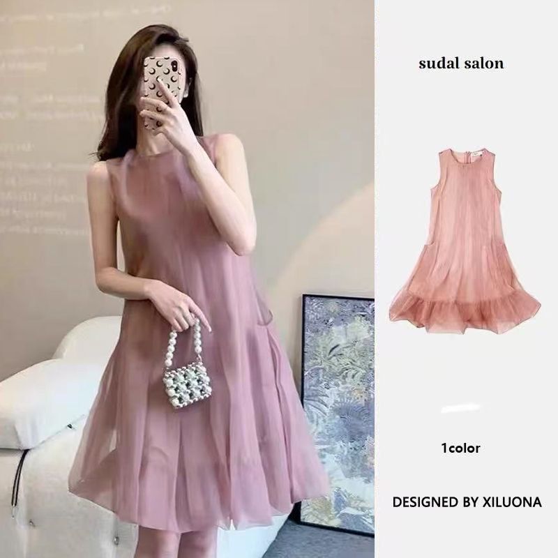 Summer New Style French Fairy Dress, Sleeveless Pink A-Line Princess Dress, Mesh Holiday-Style Dress for Petite Figures