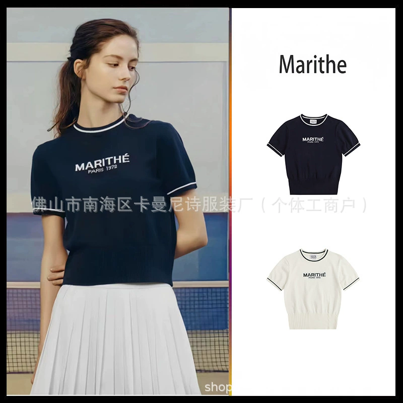 Корейский бренд Marithe с короткими рукавами вязаный свитер 25 летний новый тонкое цветное цветное письмо с круглым вырезом короткий свитер