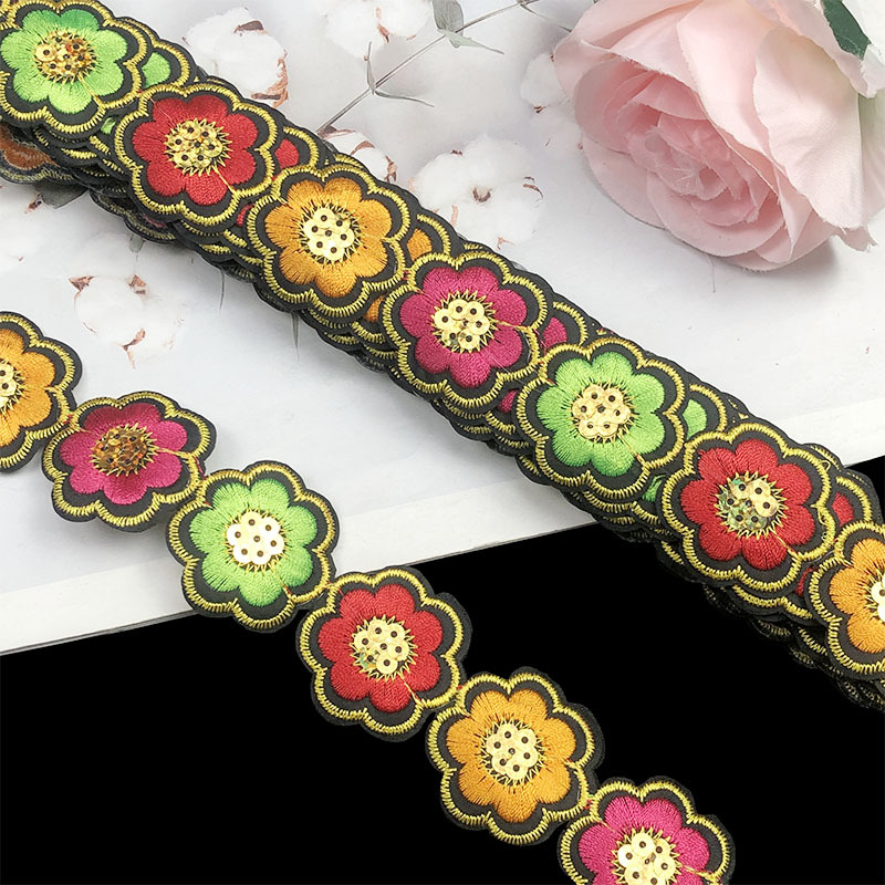 Encaje Bordado con Lentejuelas de Flor de 3.5 cm, Poliéster, Termoadhesivo, para Ropa