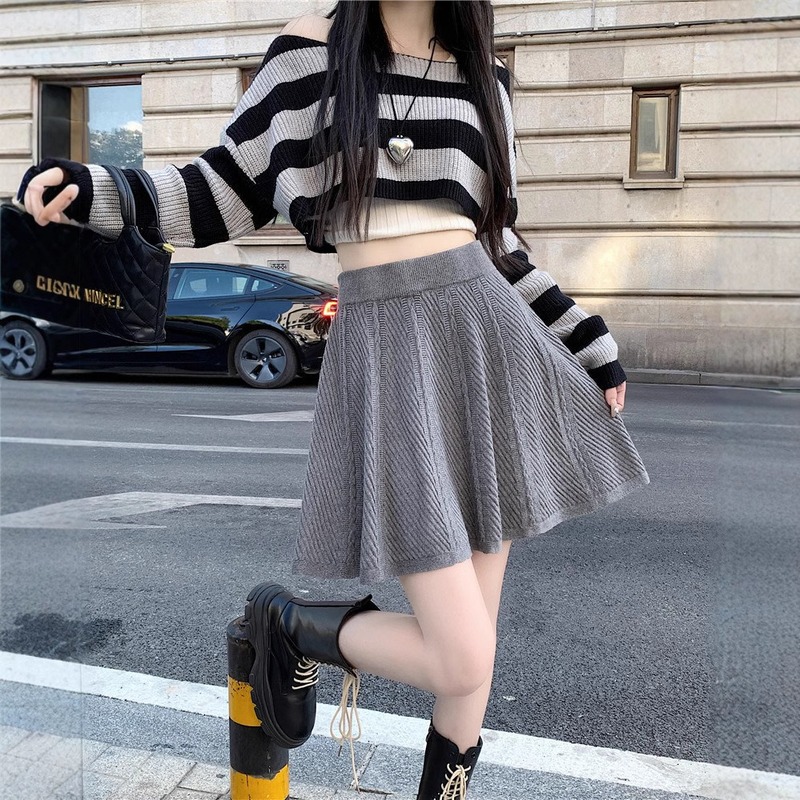 日韩百褶针织半身裙女秋季新款高腰遮胯时尚百搭纯色针织短裙|undefined