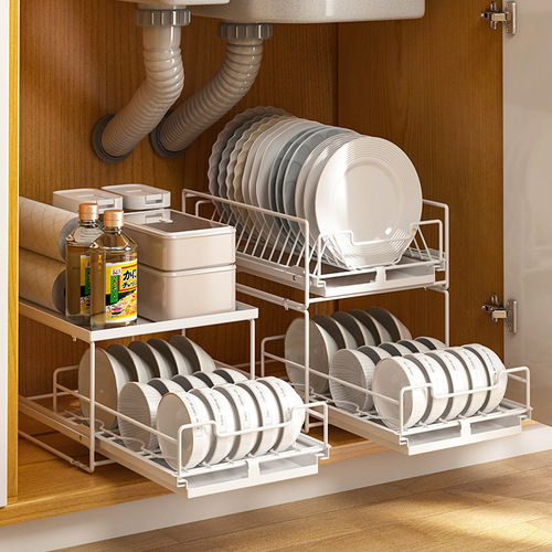 Installation-free dish storage rack cabinet pull-out dish rack pull basket drawer-type kitchen rack bowl plate storage