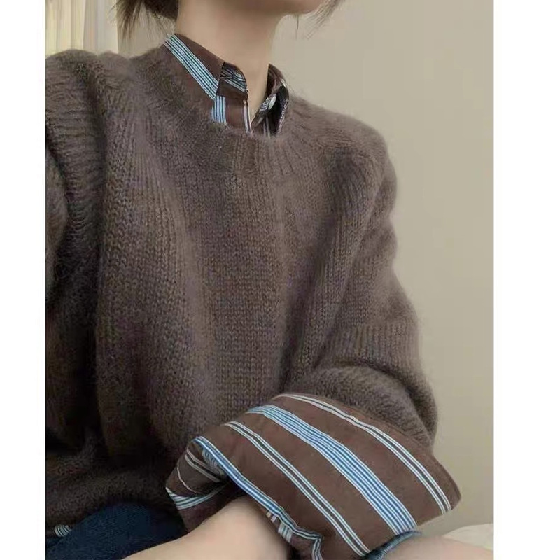Brown round neck sweater women's autumn knitted Mohair pullover lazy wind soft glutinous top 2023 autumn and winter Brown round neck sweater women's autumn knitted Mohair pullover lazy wind soft glutinous top 2023 autumn and winter