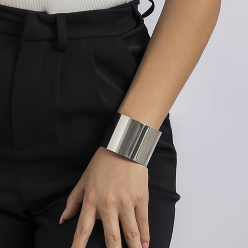 European and American cross-border jewelry, personalized single metal glossy wide bracelet for women, versatile simple cold style open hand jewelry