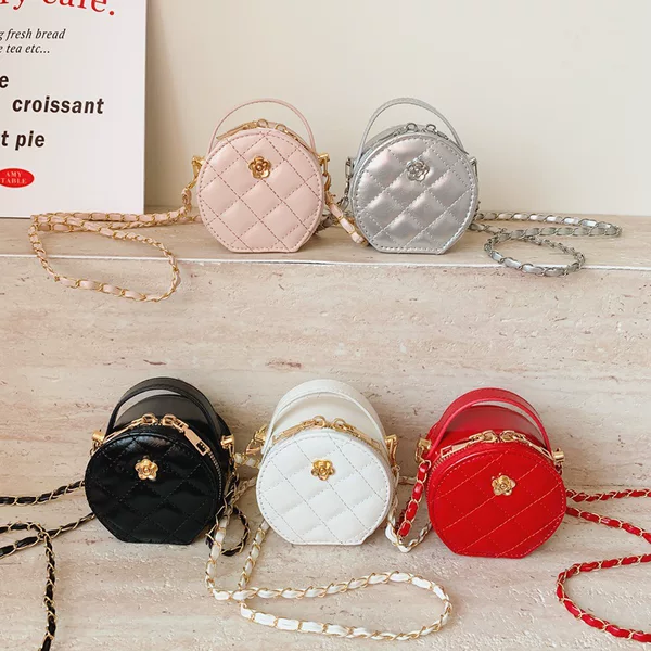 Korean Style Fashionable Rhombus Pattern Girls' Shoulder Bag, Simple Solid Color Baby Round Bag, New Mini Children's Chain Bag