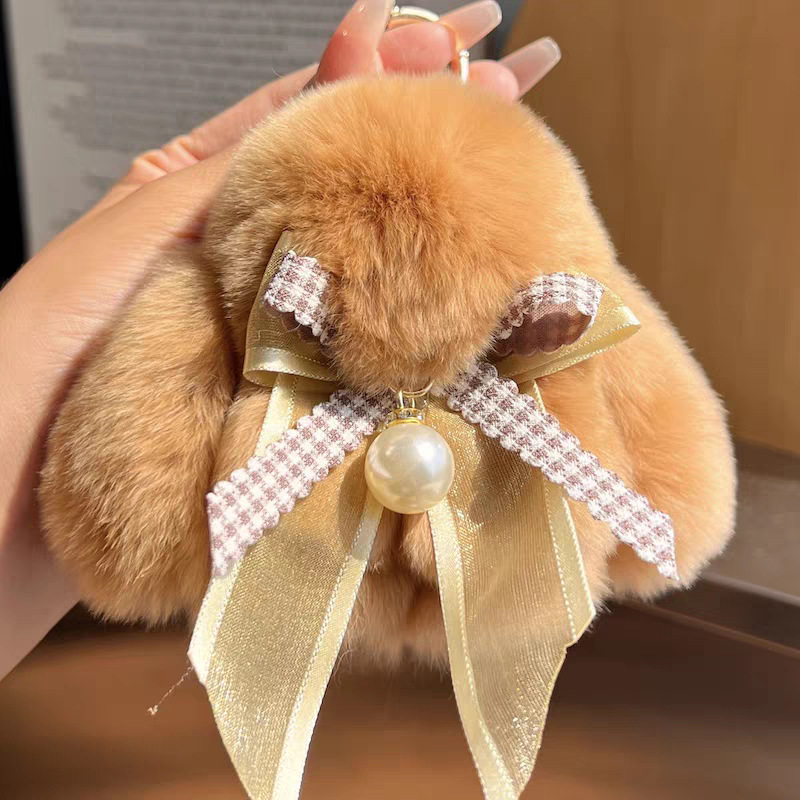 Cute conejo real peludo arco perla pequeño conejo llavero de coche colgante muñeca de peluche bolsas colgante