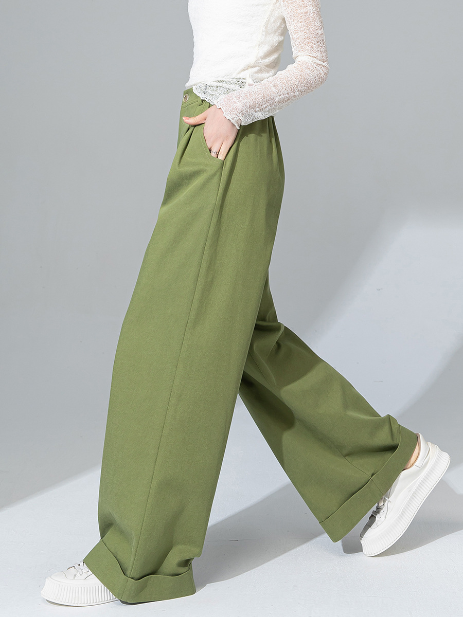 Quần tây nữ ống đứng cạp cao dáng suông dài chấm đất chất Tencel cotton — Xanh bơ