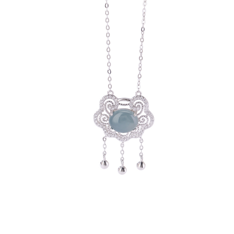 Mặt dây chuyền bạc S925 hình Ruyi rỗng đính đá ngọc lam và zircon tua rua — Bộ xích (bao gồm cả xích)