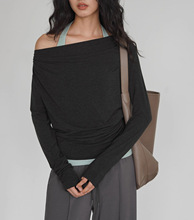 EIGHTHMONH辣妹风叠穿套装灰露肩上衣+浅绿内搭时尚小心机两件套