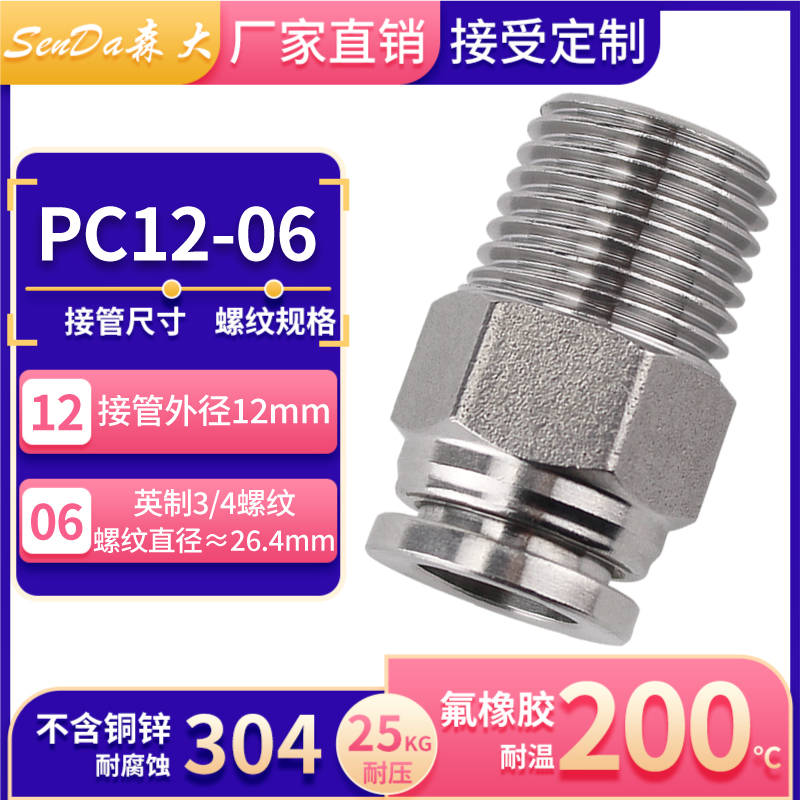 Conectores de tubería de aire de acero inoxidable, inserción rápida neumática con rosca a través de hilo interno, manguera de alta presión, conexión rápida PC/PCF