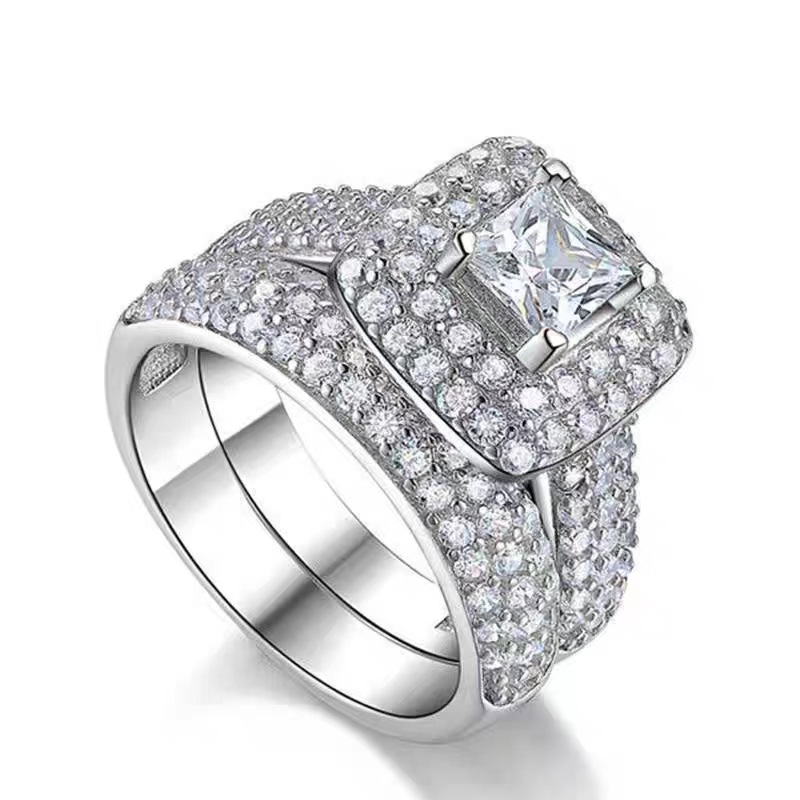 new full diamond micro inlaid couple princess diamond ring set fashion high end luxury engagement ring_voghion.com