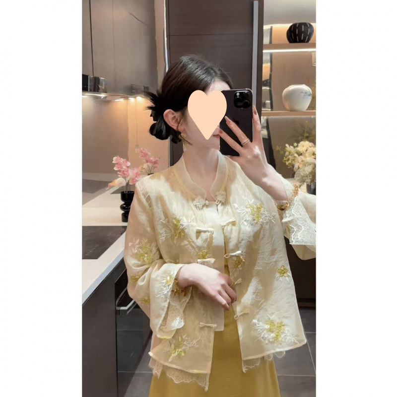 2025 新しいセット中国刺繍中国風ボタントップジャケットサスペンダードレスツーピース夏のハイエンド|undefined