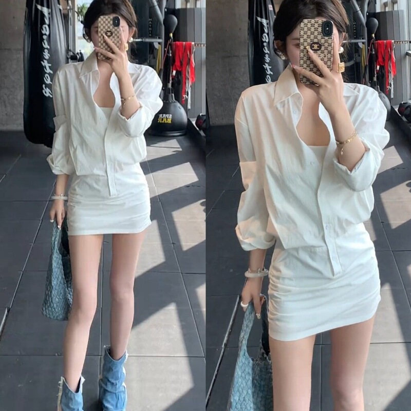 Curvy Girl Shirt and Dress Combo, Spring and Summer Fashion, Stylish and Sexy Shirt with Bodycon Short Skirt Curvy Girl Shirt and Dress Combo, Spring and Summer Fashion, Stylish and Sexy Shirt with Bodycon Short Skirt