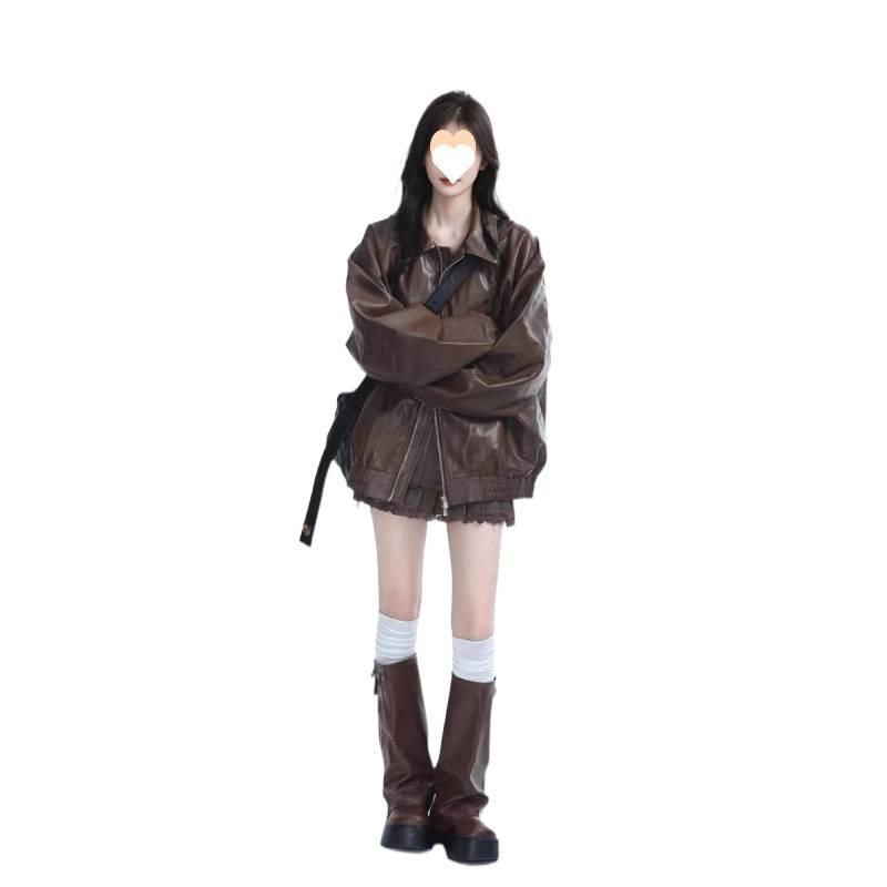 美式街头复古机车服黑色皮衣外套女春秋重磅宽松夹克上衣|undefined