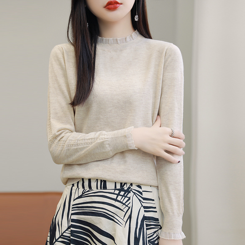 Fashion Lace Collar Lace Splicing Wool Sweater For Women Autumn And Winter Style Solid Color Knitted Bottoming Sweater Top