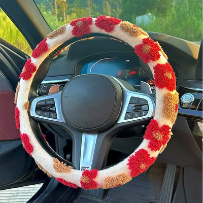 Car Steering Wheel Cover Winter Short Velvet Women's Handlebar Cover Warm Jacquard Plush Flower Winter High-End Handlebar Cover (Steering wheel cover) - jacquard-plush-red-grips-38cm