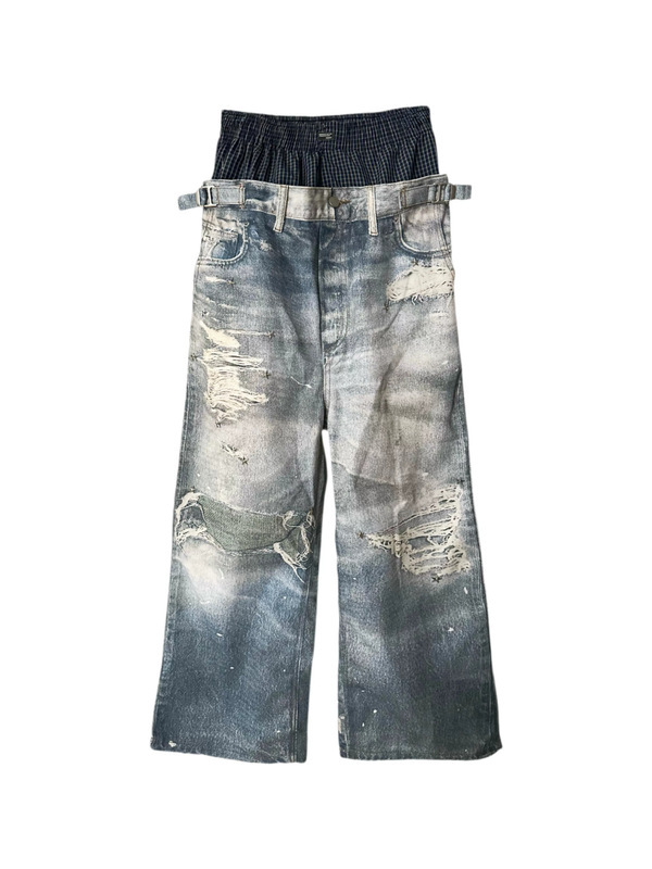 Erebus 26Ssironstar Handmade Rivet 3D Distressed Digital Print Double Waist Fake Two-Piece Jeans Erebus 26Ssironstar Handmade Rivet 3D Distressed Digital Print Double Waist Fake Two-Piece Jeans