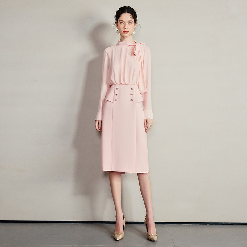 Pink Beautiful Unique Fake Two-Piece Dress for Women 2025 Spring New Elegant Ribbon Formal Occasion Suit Dress