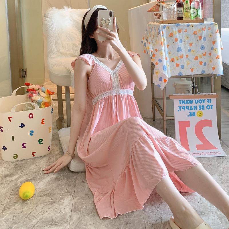 Sudeste de Asia verano lunares sexy con almohadilla en el pecho de media longitud camisón chica de encaje dulce pijama Sling homewear