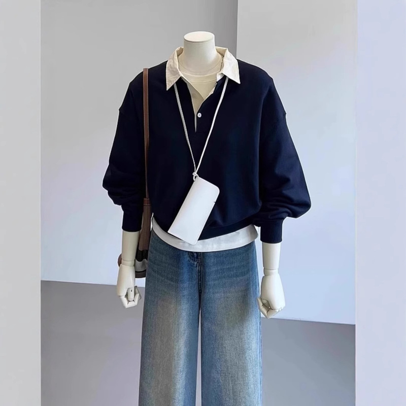 navy blue Polo Collar Fake Two-Piece Sweatshirt Women's Spring and Autumn Relaxation Loose Explosions Long Sleeve Lapel Coat Top