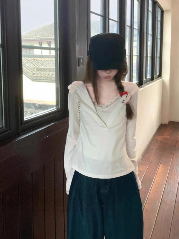 【自宅工場現物】長袖tシャツ女性の早秋デザイン感レースの偽二枚の帽子付き上着|undefined