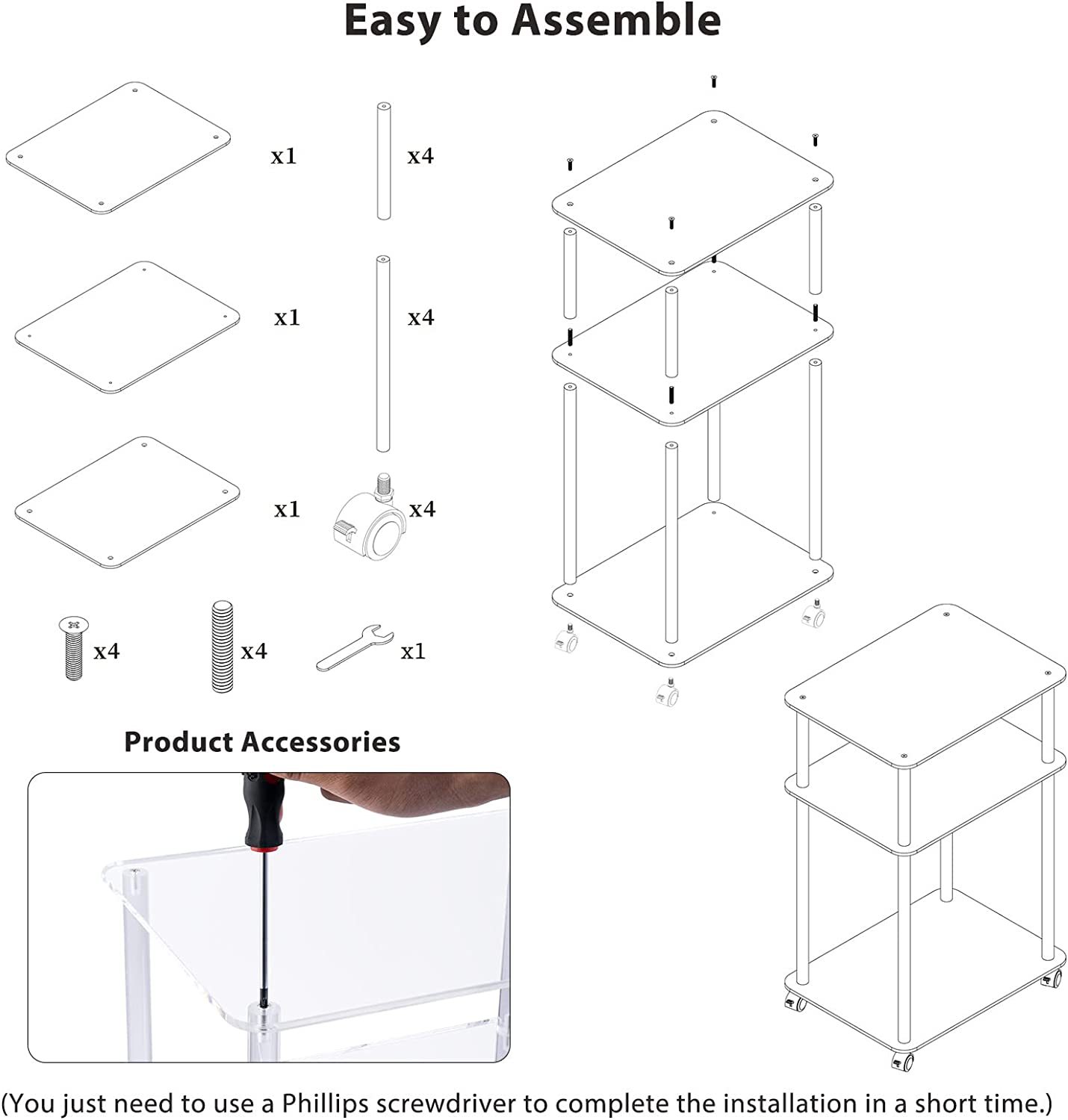 压克力滚动小空间侧桌，可上锁车轮移动端桌卧室起居室床头柜3层