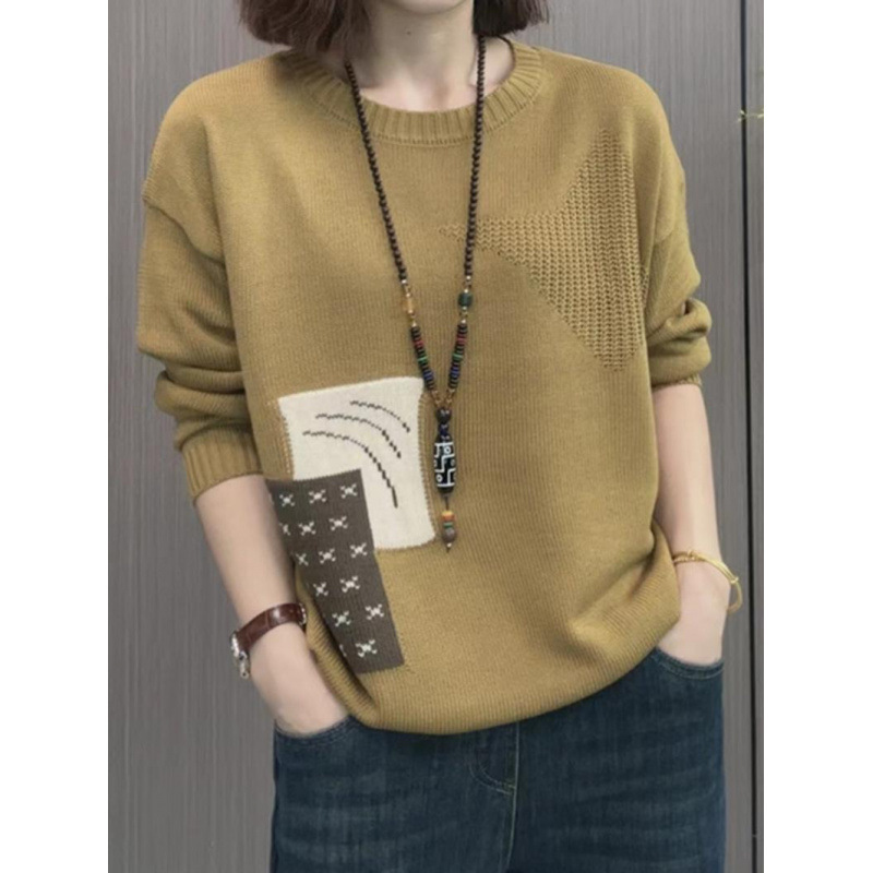 2025 spring new large-size pullover knitted sweater for mothers wear loose and fashionable casual and fashionable versatile base shirt