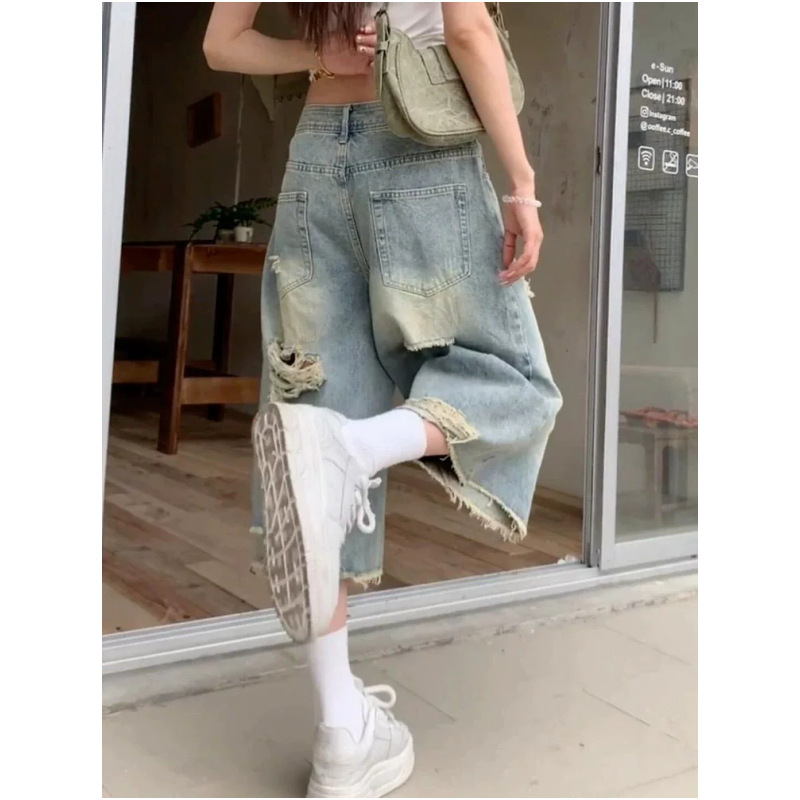 American-Style Ripped Frayed Hem Cropped Jeans for Women, Summer Wide-Leg Design, 8/10 Length Straight Shorts