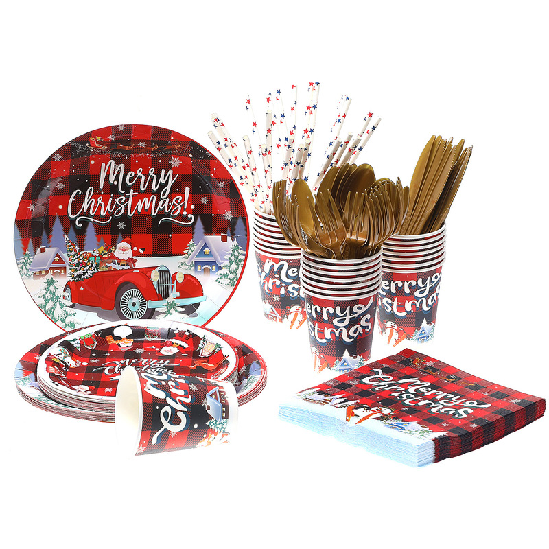 New Cross-Border Christmas Red Paper Plate Gingerbread Man Plaid Disposable Paper Plate Paper Cup Set Party Birthday
