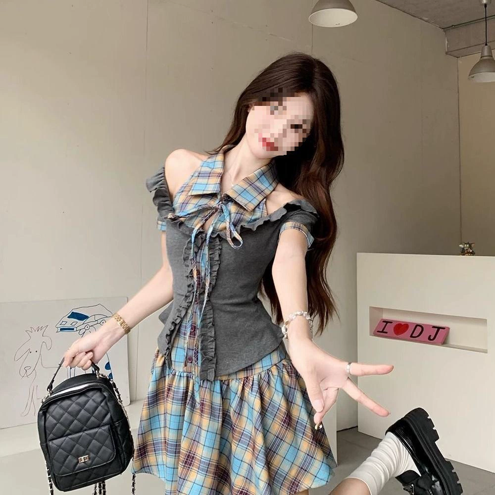 Женское летнее платье в синюю клетку в стиле французского преппи, новинка 2025 года, сексуальный короткий костюм с завышенной талией