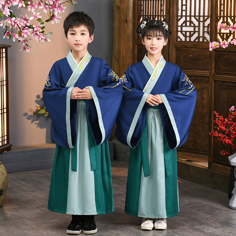 Children's Hanfu Traditional Costume for Boys and Girls, Classic Style, School Student Costumes, Three Character Classic, Primary School Students' Calligraphy Ceremony and Performance Costume