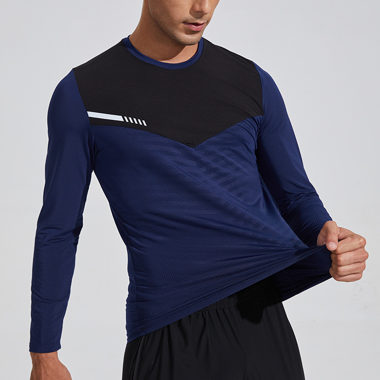 Nuevo color casual a juego de manga larga ropa de secado rápido para hombres transpirable reflectante raya deportes sudor absorbente cuello redondo correr ropa de entrenamiento camiseta